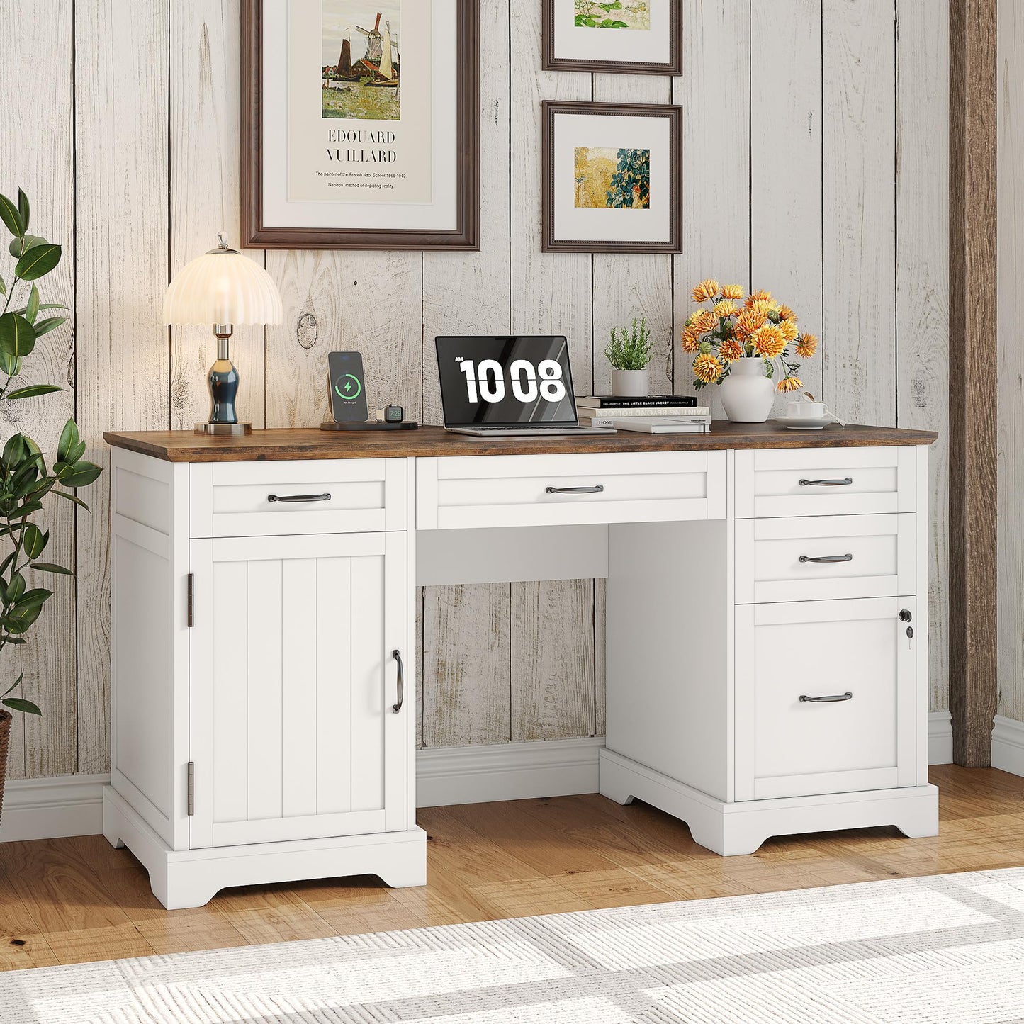 Whalefall 55'' Farmhouse Desk Home Office with Drawers, Executive Computer Desk Wooden with File Cabinet and Charging Station, White
