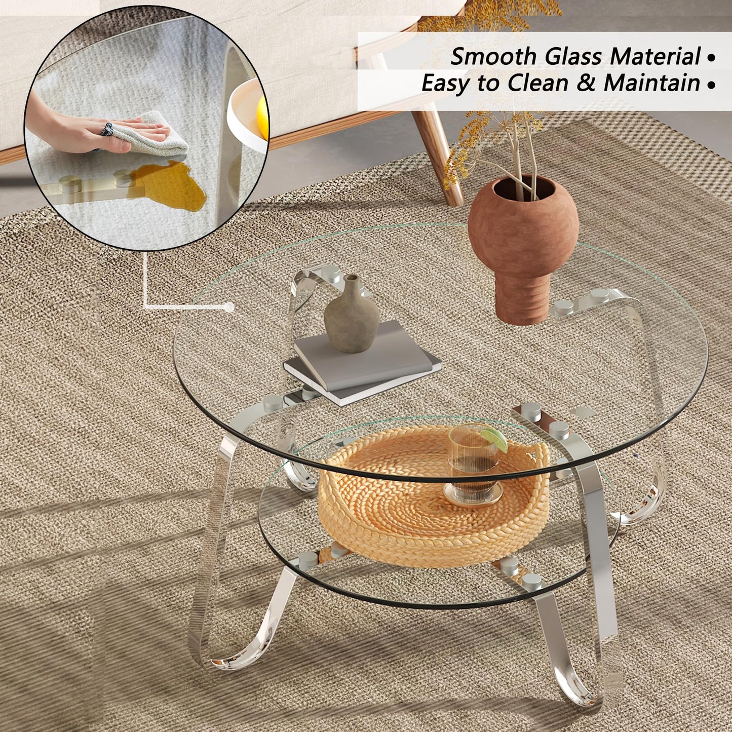 31.5" Silver Round Glass Coffee Table Modern Living Room Table 2-Layer Sofa Center Cocktail Table for Small Space Apartment, Clear Top and Retro Metal Frame (Chrome)
