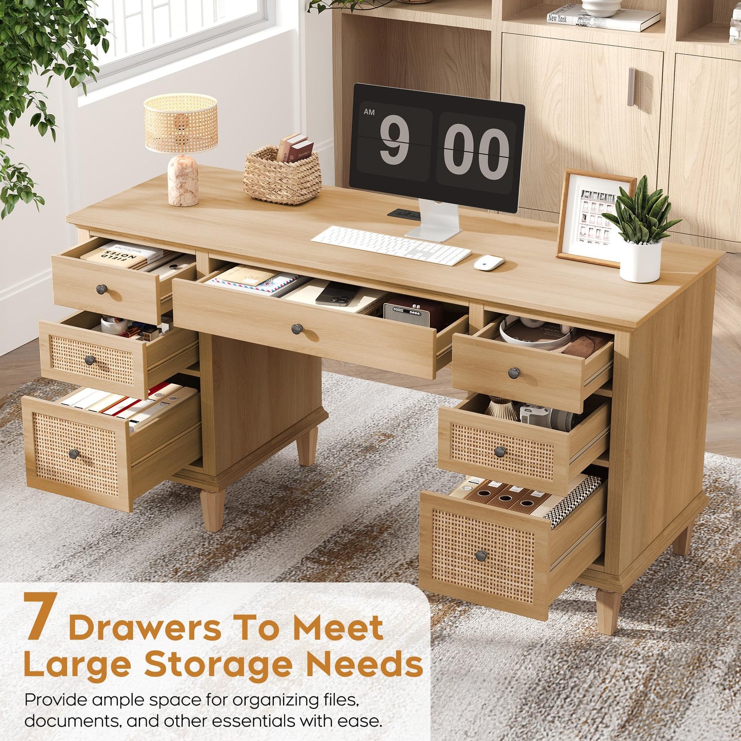 Yechen 58'' Wood Executive Desk with 7 Drawers - Modern Natural Rattan Home Office Desks with Charging Station, Large Long Computer Desk with Storage, Boho Writing Table for Work, Study, Natural Oak