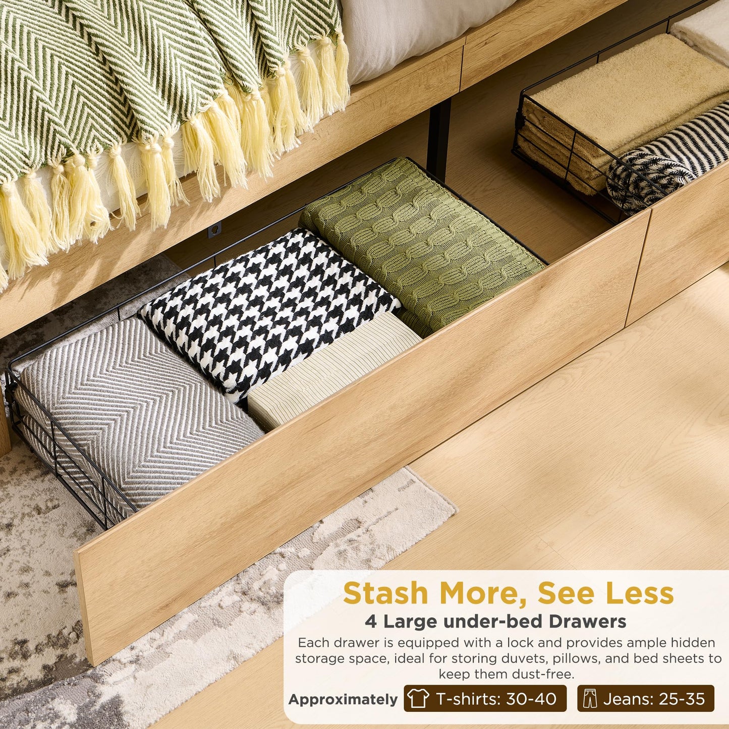 ACCOHOHO Modern King Size Bed Frame with 47" Tall Storage Headboard, 4 Drawers, Charging Station, Led Light, Wood Platform Bed with Solid Wood Slats, Noise Free, No Box Spring Needed, Natural Oak