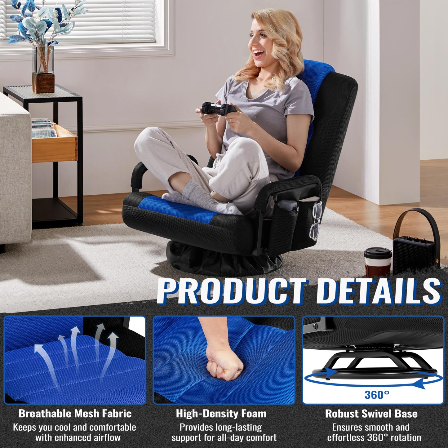 Yaheetech Floor Gaming Chair Swivel Video Game Chair Multipurpose Lazy Lounger Couch for Playing Games, TV, Reading with 6 Adjustable Position, Side Pocket, Armrest Handles