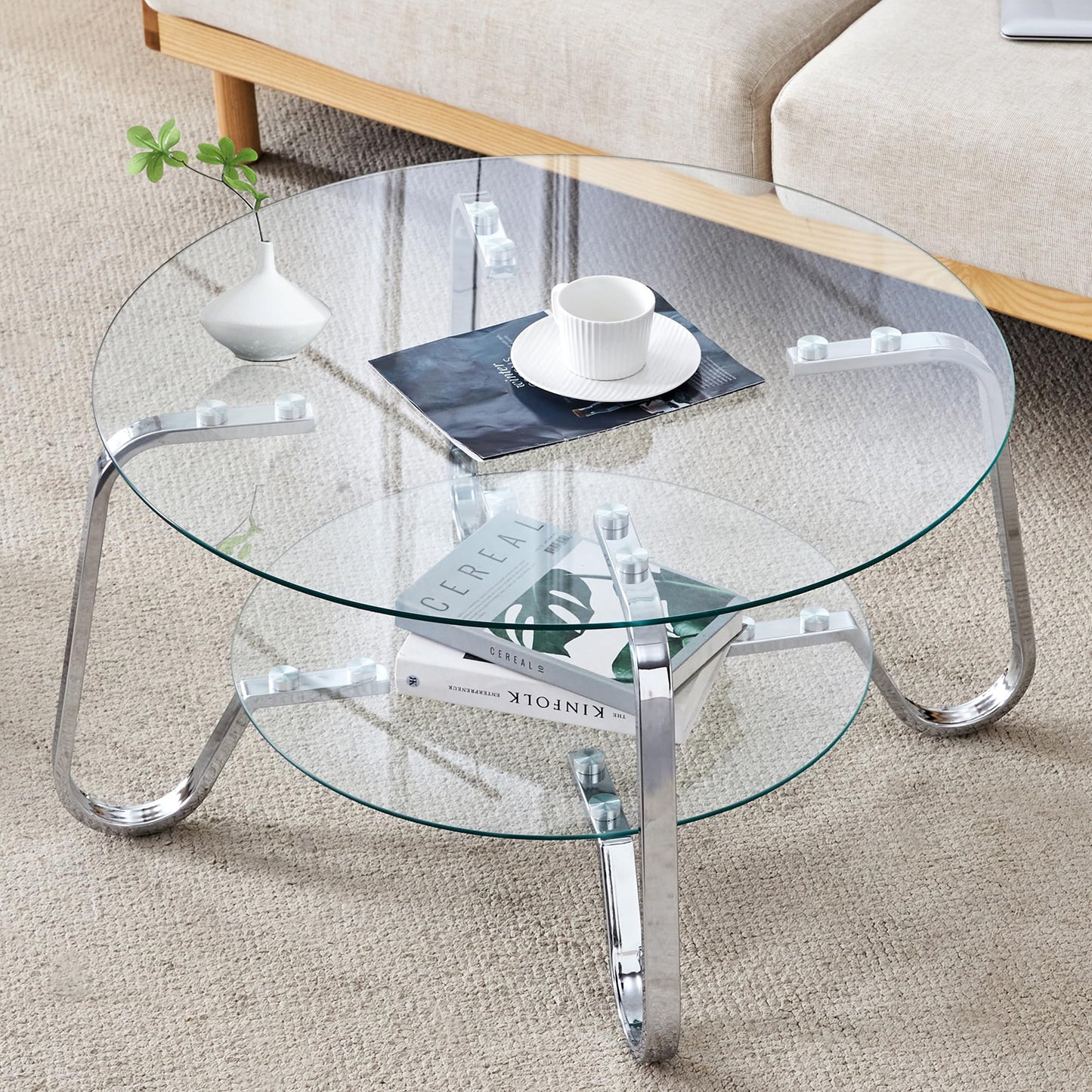31.5" Silver Round Glass Coffee Table Modern Living Room Table 2-Layer Sofa Center Cocktail Table for Small Space Apartment, Clear Top and Retro Metal Frame (Chrome)