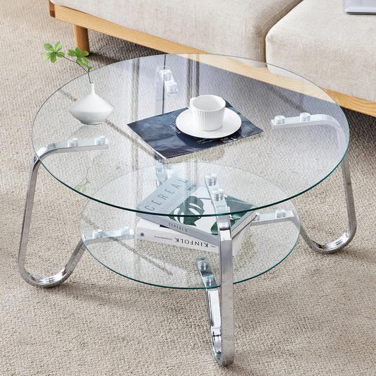 31.5" Silver Round Glass Coffee Table Modern Living Room Table 2-Layer Sofa Center Cocktail Table for Small Space Apartment, Clear Top and Retro Metal Frame (Chrome)