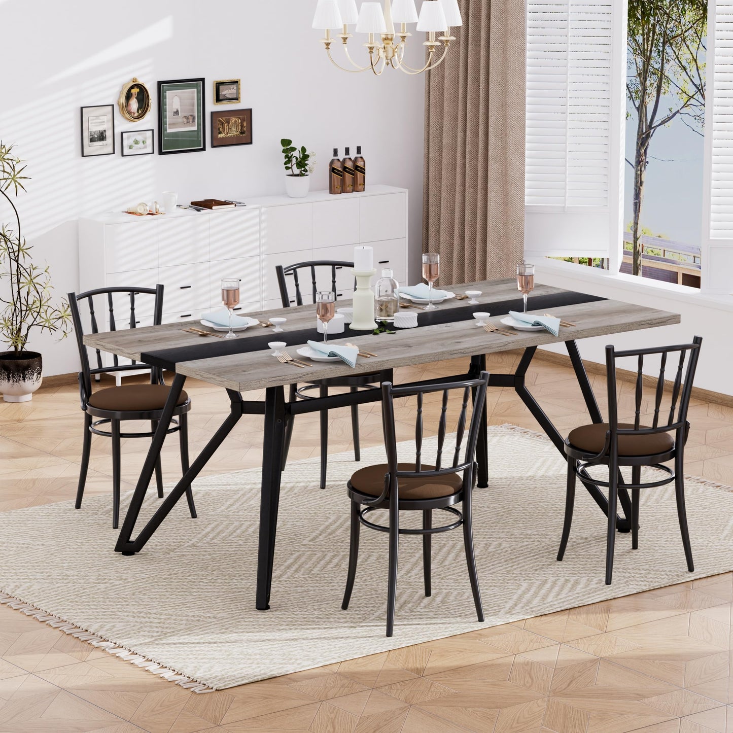 71" Long Dining Table for 6-8 People, Modern Farmhouse Wooden Dining Room Table with Adjustable Metal Legs, Large Rectangular Kitchen Tables for Dinner Party Family Gathering, Grey