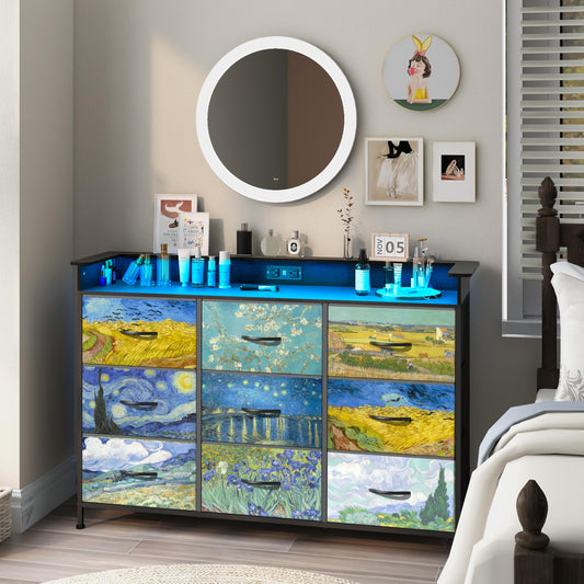 Welfuturer Dresser for Bedroom with 9 Drawers Van Gogh Dressers & Chest of Drawers Fabric Clothes Drawer Fabric Closet Organizer for Living Room Entryway Closet Nursery Sturdy Steel Frame Wood Top