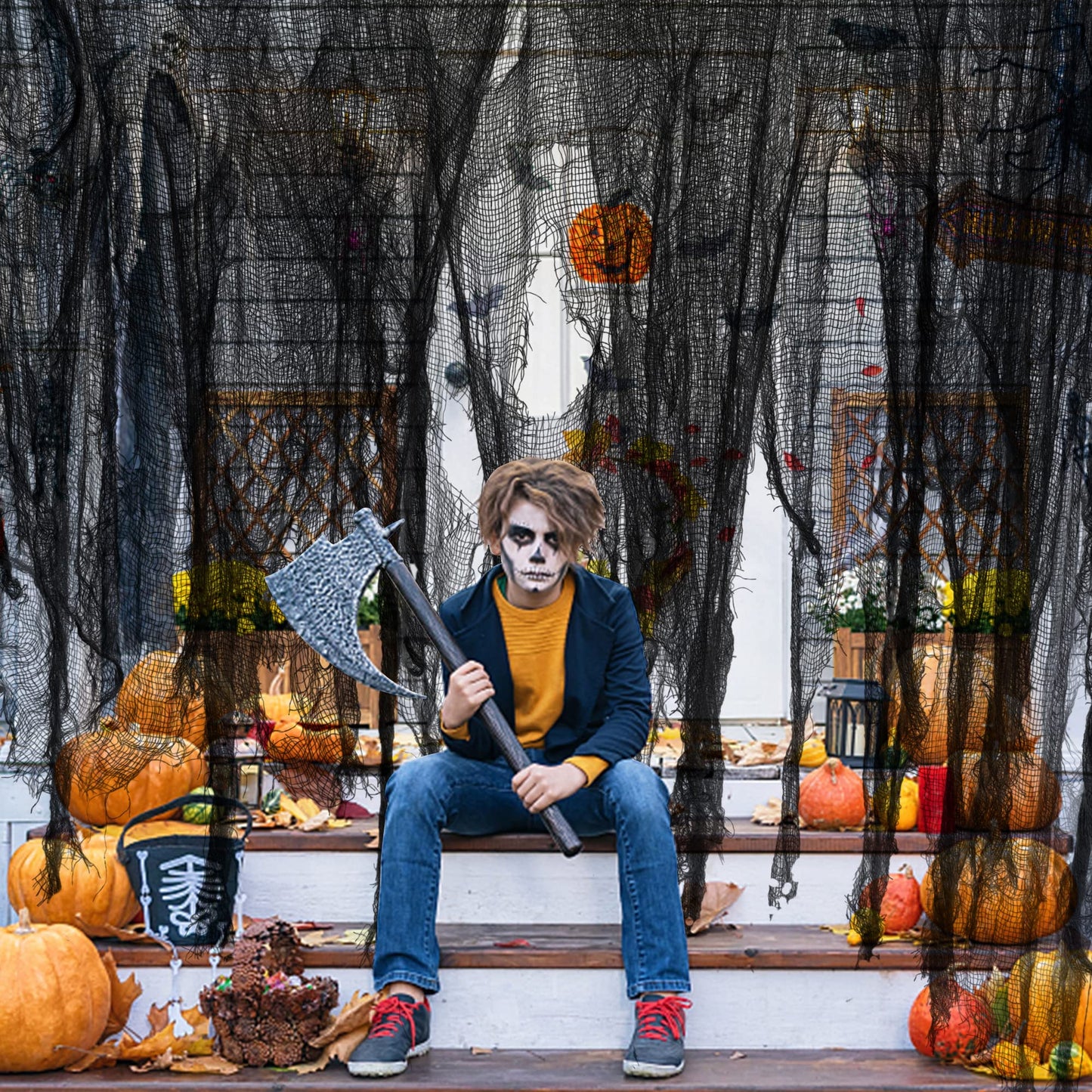 Watayo 500 x 39 Inch Large Size Halloween Creepy Cloth, Halloween Black Scary Spooky Cloth, Windows Doorways Cover Gauze for Halloweens Haunted House Party Decor