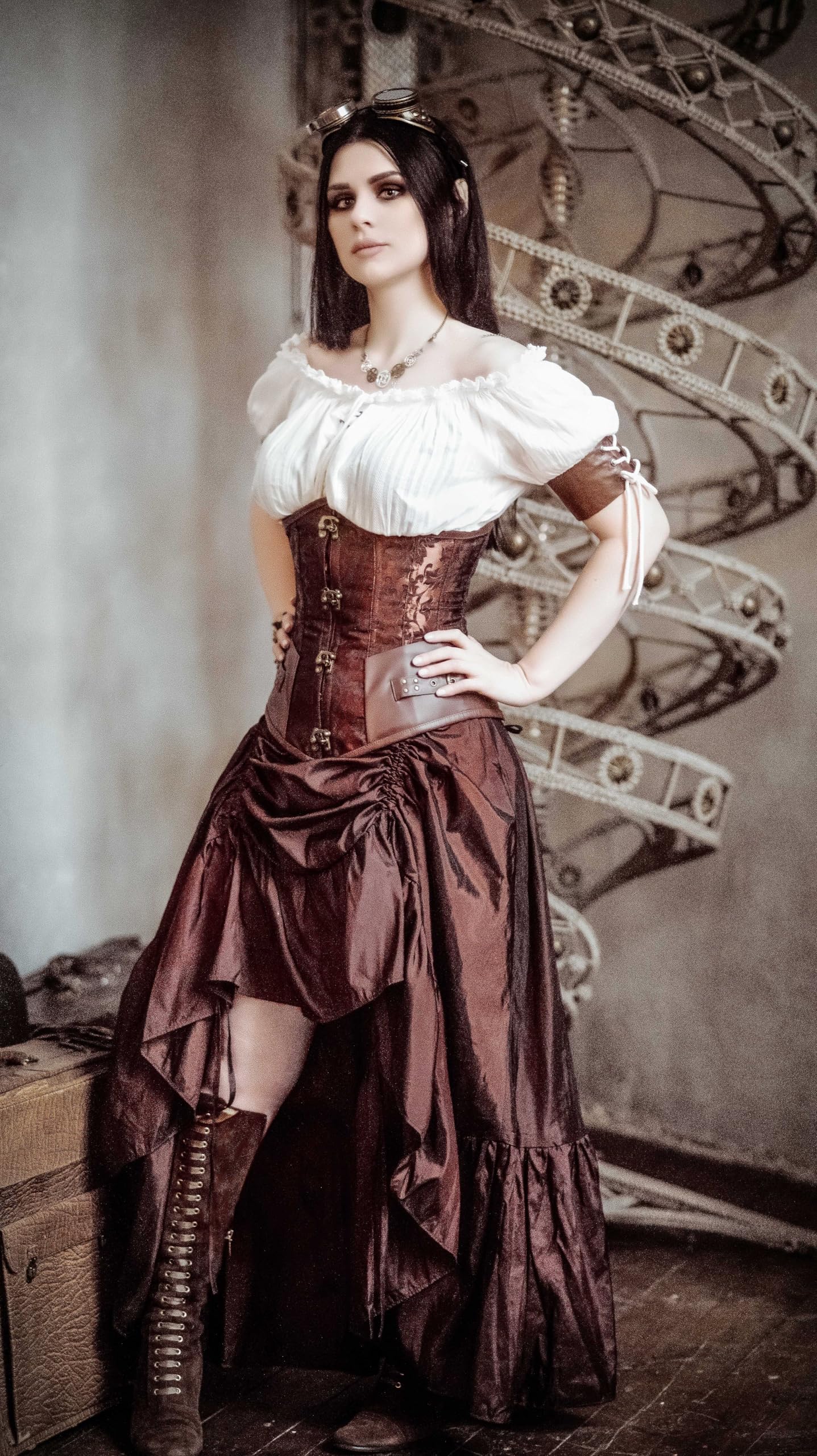 Women Steampunk High Low Skirt Victorian Bustle Skirt Renaissance Style Brown S