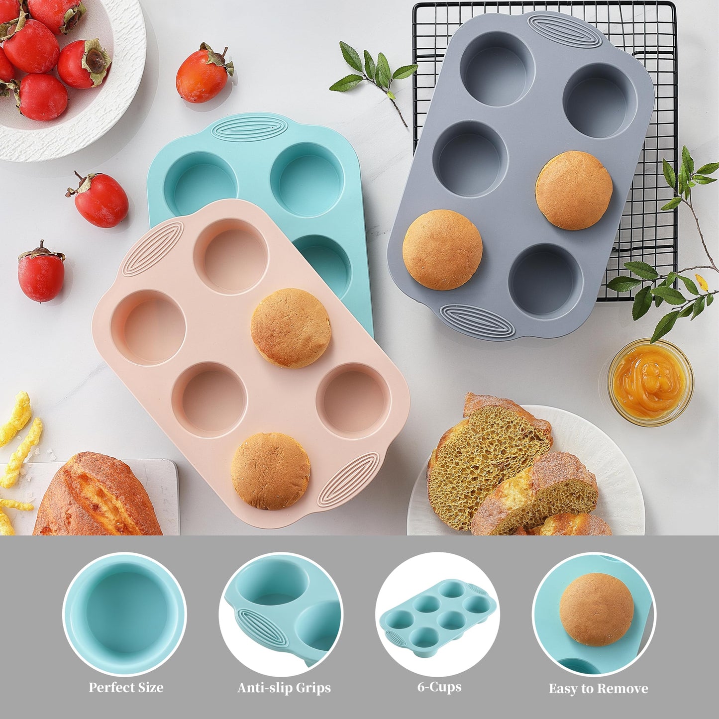 XZZWLL Silicone Muffin Pan, Food Grade Silicone Cupcake Molds for Baking Muffins and Cupcakes, 6-Cup Nonstick Cupcake Pan, Easy Cleaning and BPA-Free (Gray, Orange, Blue)