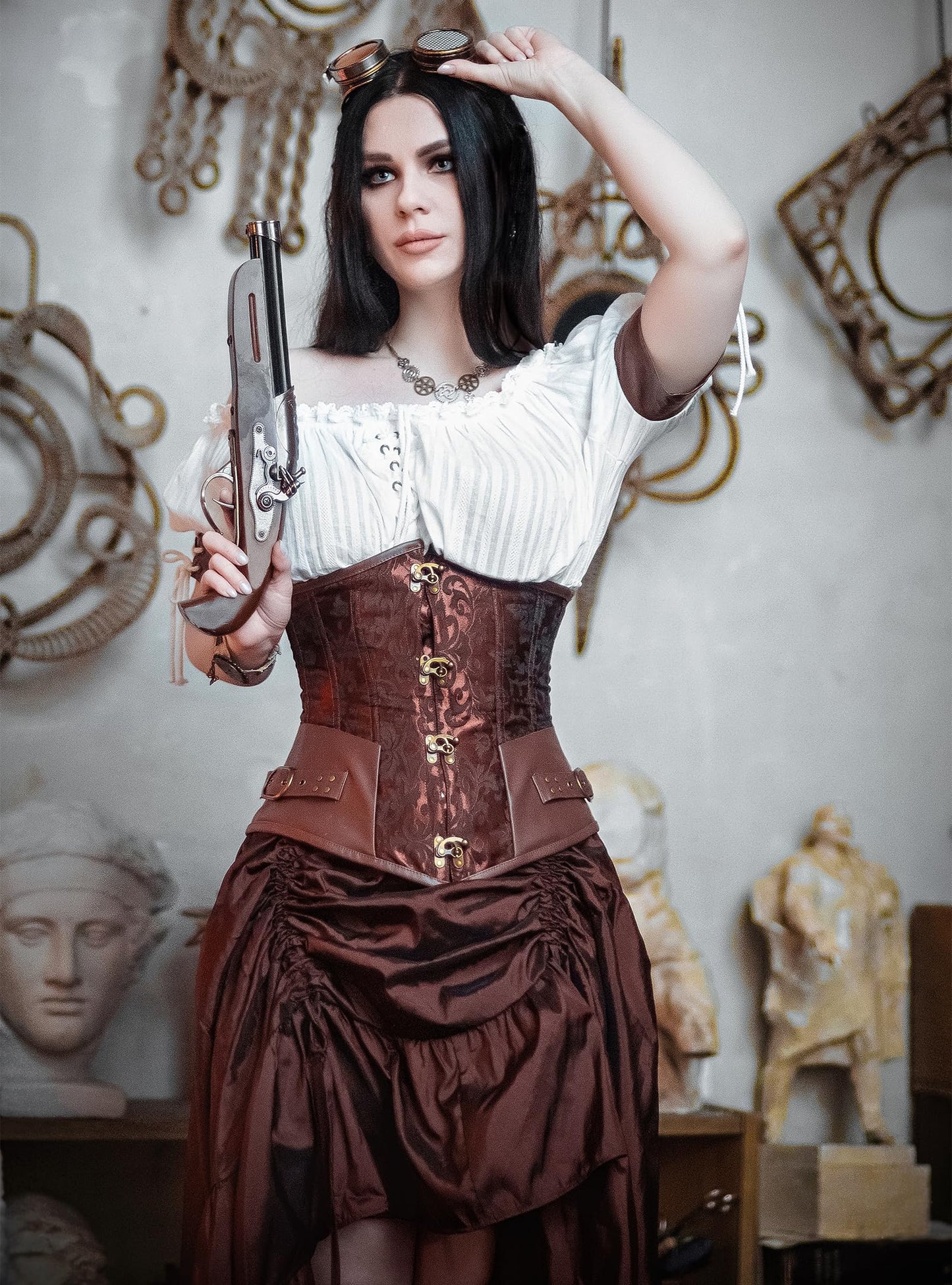 Women Steampunk High Low Skirt Victorian Bustle Skirt Renaissance Style Brown S