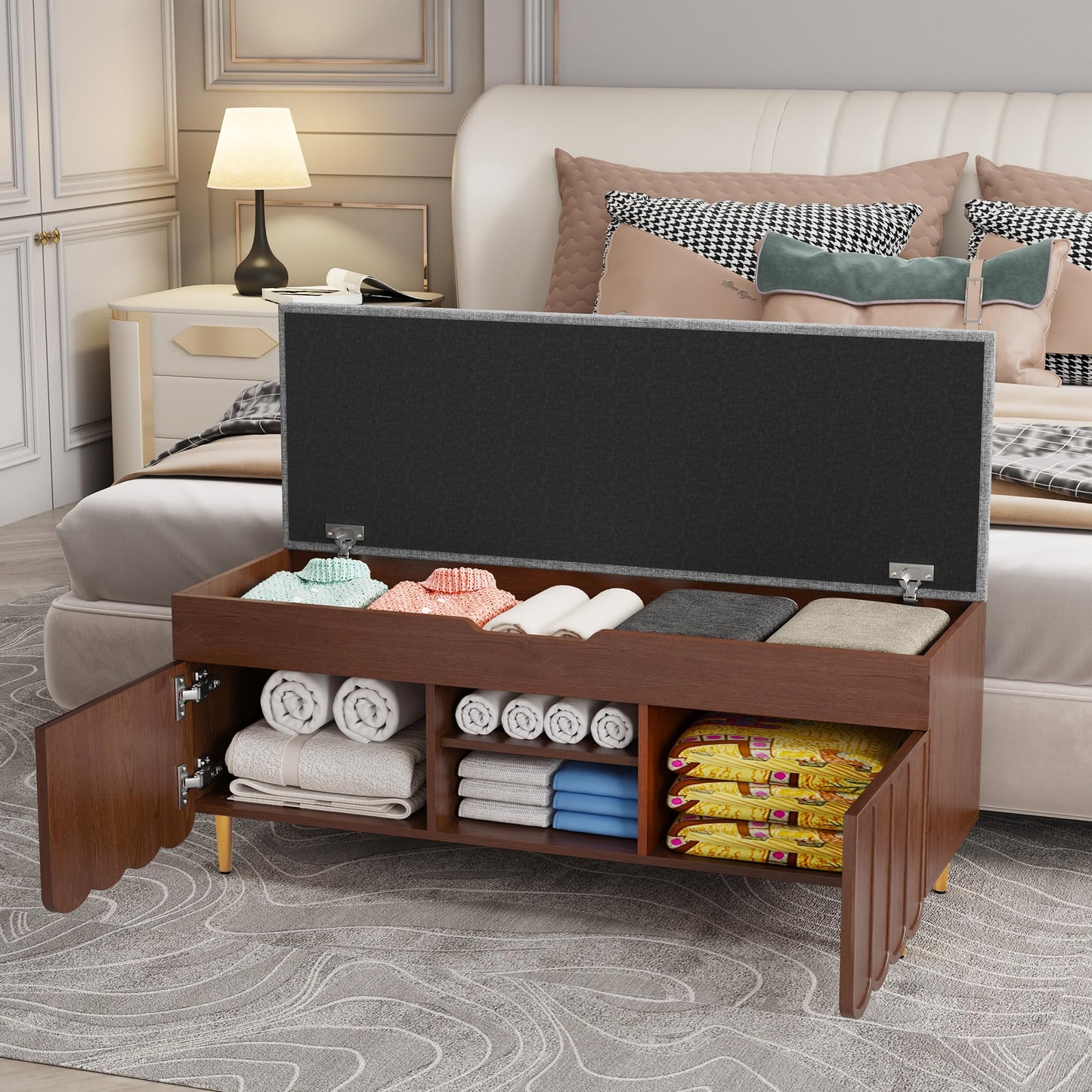 3More 40" Entryway Shoe Storage Bench，Upholstered Hidden Space Beneath Seat Cushion Bench，2-Tier Unique Geometric Shape with Wood Grain，Walnut