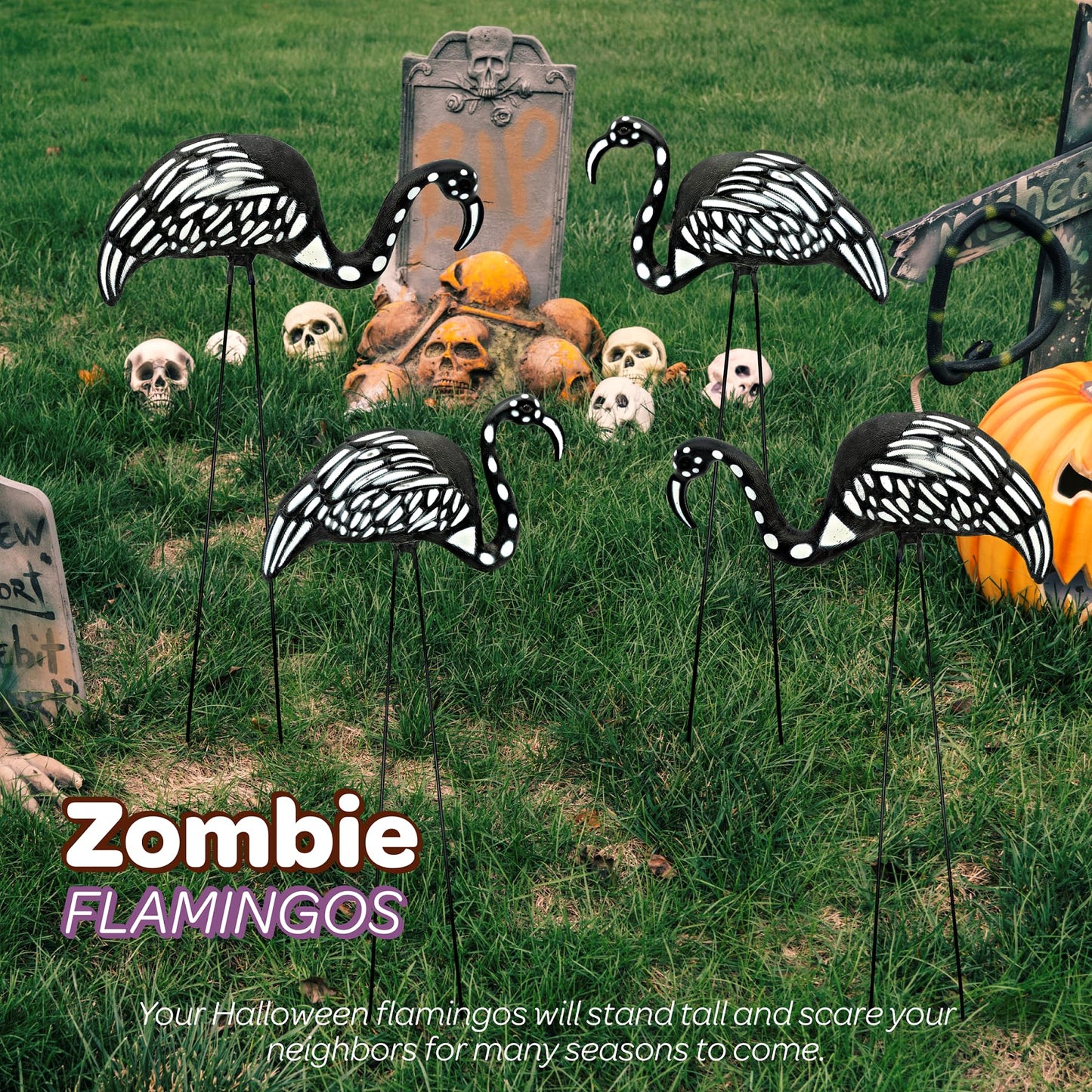 4E's Novelty Set of 2 Black Skeleton Flamingo Lawn Ornaments with Stakes for Halloween Outdoor Decorations