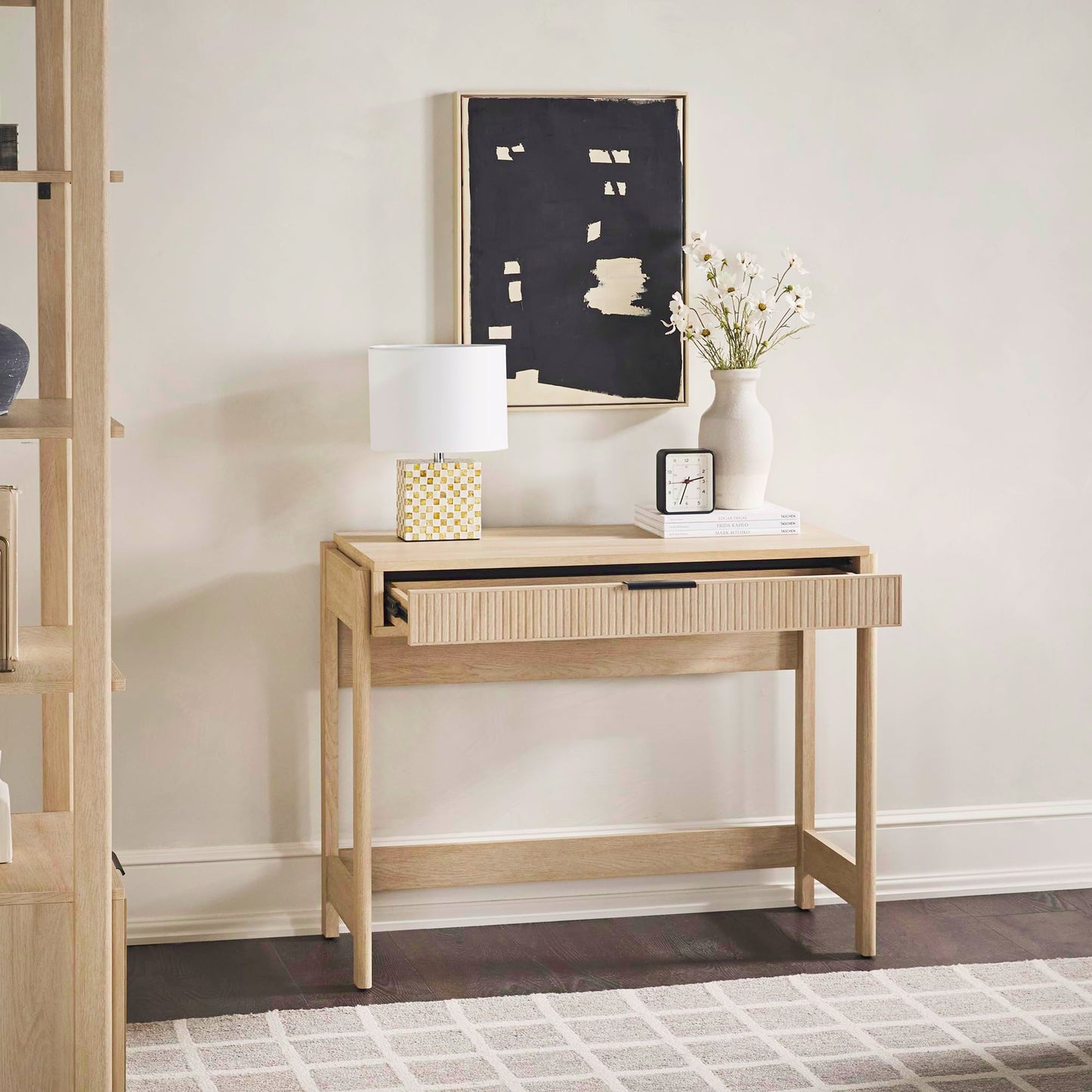 Walker Edison Transitional Office Design, Reeded Drawer Front Detail, Writing Desk with Drawer, Spacious Desktop, Complementary in Living Spaces, 38”W x 16.75”D x 30”H, Coastal Oak