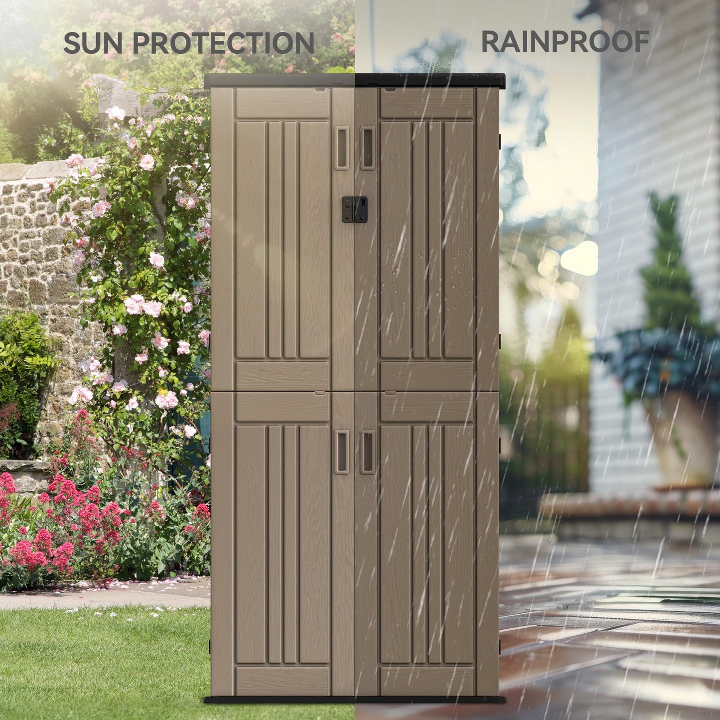 YITAHOME Outdoor Storage Cabinet with 4 Shelves, Waterproof Resin Vertical Tool Shed, Lockable 30 cu. ft. Storage Shed for Patio, Garden, Yard, Brown