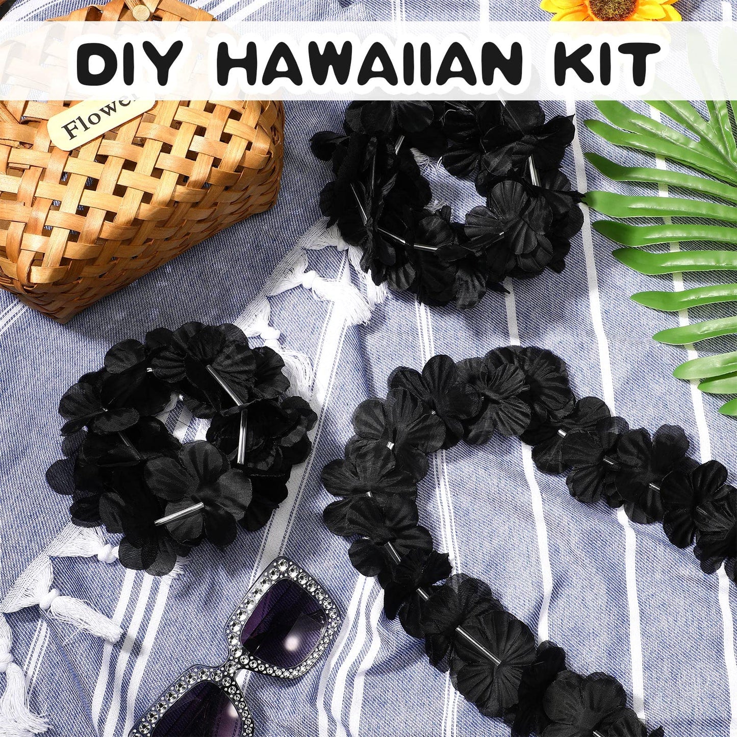 24 Counts Hawaiian Leis Necklace Tropical Flower Lei Floral Luau Party Decorations Hawaiian Flower Luau Necklaces Hula Dance Garland Headbands for Beach Birthday Wedding Party(Black)