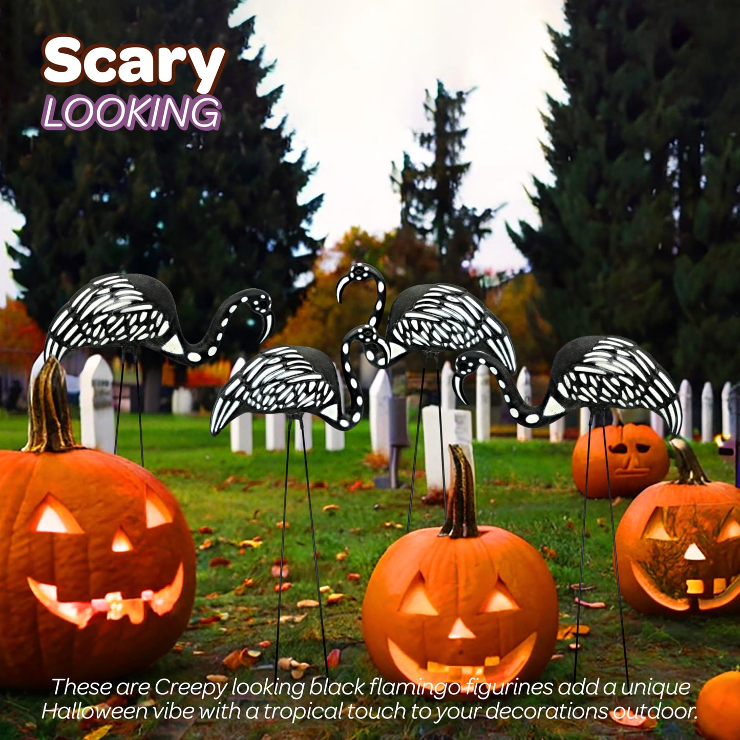 4E's Novelty Set of 2 Black Skeleton Flamingo Lawn Ornaments with Stakes for Halloween Outdoor Decorations