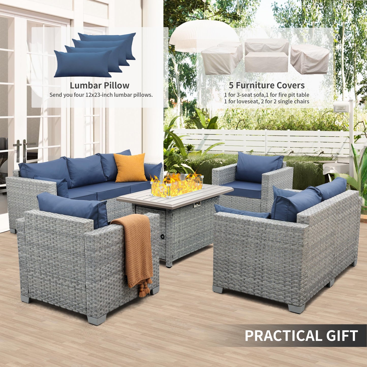 WAROOM Patio Furniture Set 5 Piece Grey Wicker Outdoor Furniture with Fire Pit Table, Patio Sectional Sofa Couch Sets Backyard Deep Seating PE Rattan Chairs, Navy Blue Cushion