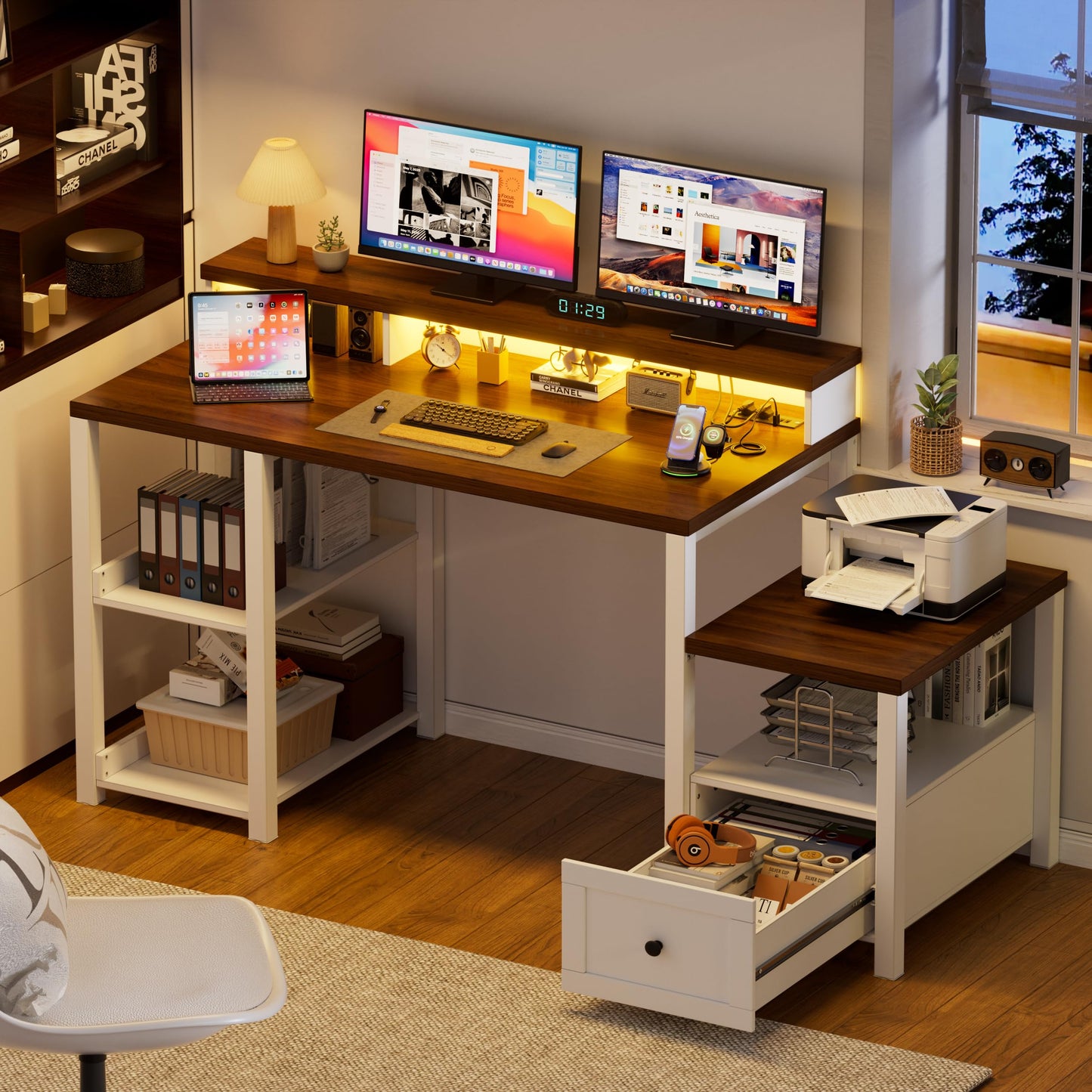 61.2 '' Computer Desk with Drawer & Power Outlets, Farmhouse Ergonomic Office Desks with Long Monitor Stand,Wood Computer Table with Printer Space, Home Office Desk with LED Strip for Work,White