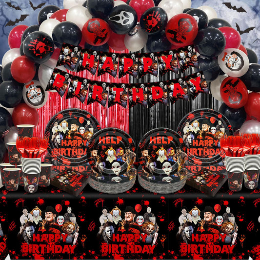 164 Pcs Horror Birthday Party Decorations Horror Movie Birthday Banner Happy Birthday Halloween Party Decorations for Halloween Bloody Scary Theme Party Supplies