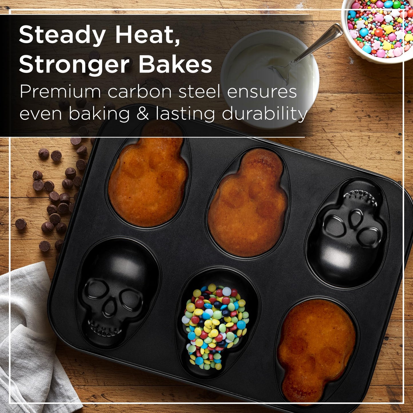 Wrenbury Large Skull Cupcake Baking Pan - Non Stick 6 Cup Spooky Treat Cake Tin - Bake a Halloween Masterpiece - Non Toxic and Effortless Cleaning - 4.75" Cup