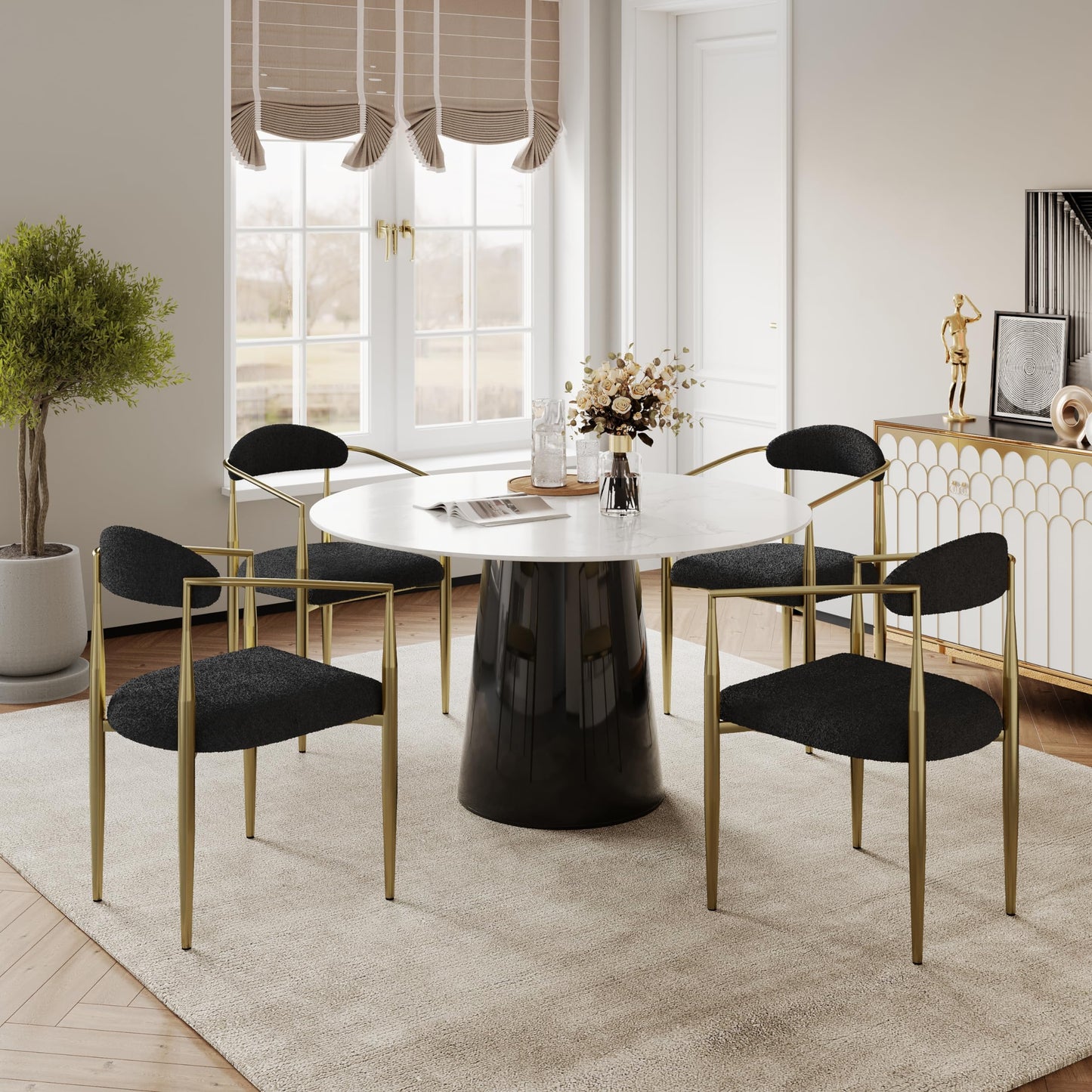 WOKER FURNITURE Modern Boucle Dining Room Chairs with Arms Set of 4,Mid-Century Accent Chair with Gold Leg, Armchairs for Kitchen,Living Room,Bedroom
