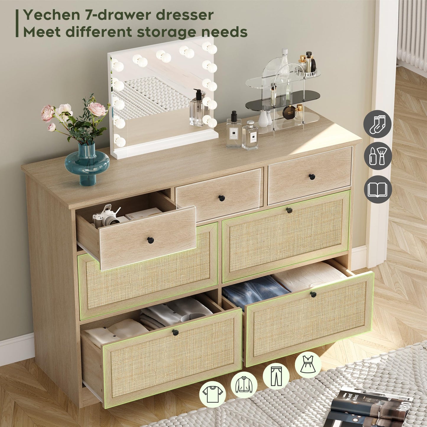 Yechen 7 Drawers Natural Rattan Dresser for Bedroom, Mid-Century Modern Natural Wood Dressers with Elegant Tabletop, Boho Chest of Drawers TV Stand with Sturdy Base for Living Room, Baby Nursery