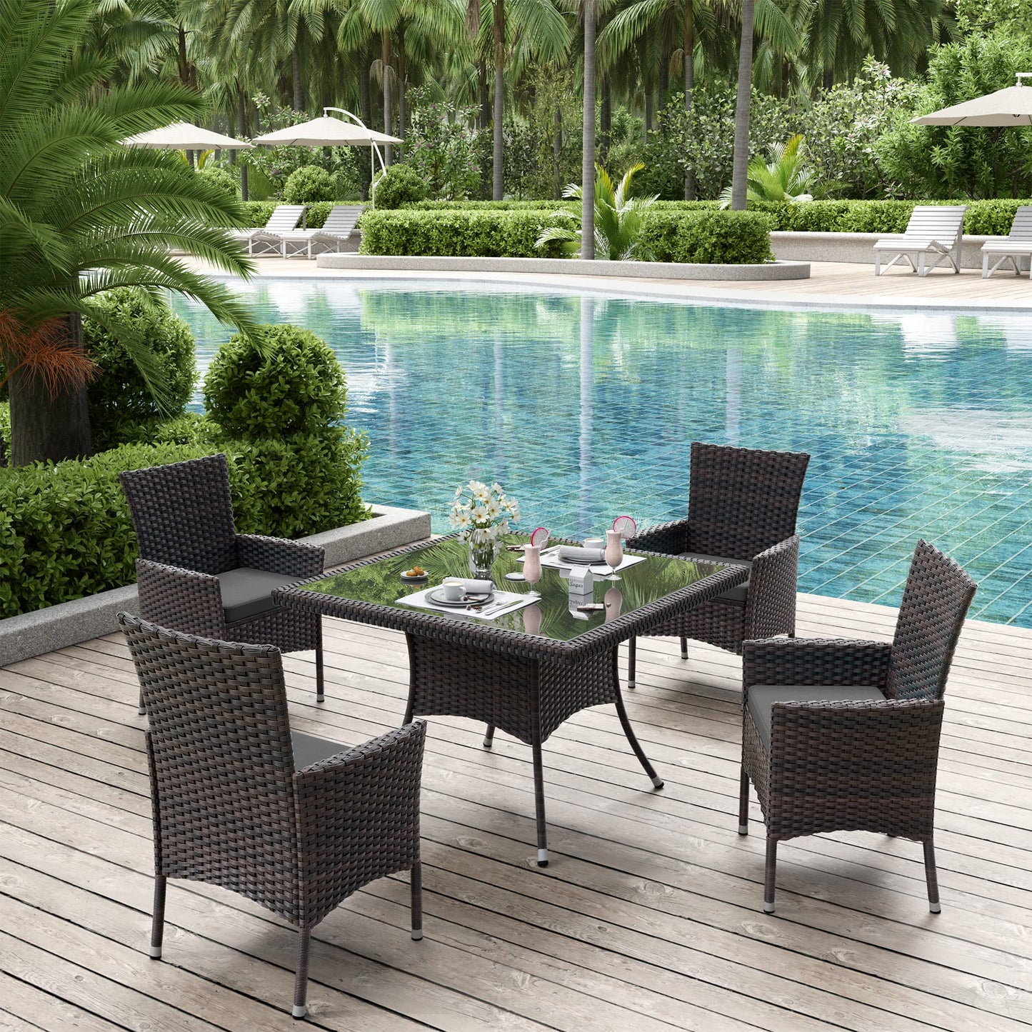 ALAULM 5 Piece Patio Dining Set All-Weather Wicker Outdoor Patio Furniture Set w/Tempered Glass Tabletop, Removable Cushions and Umbrella Hole for Patio, Backyard, Garden, Poolside（Grey）