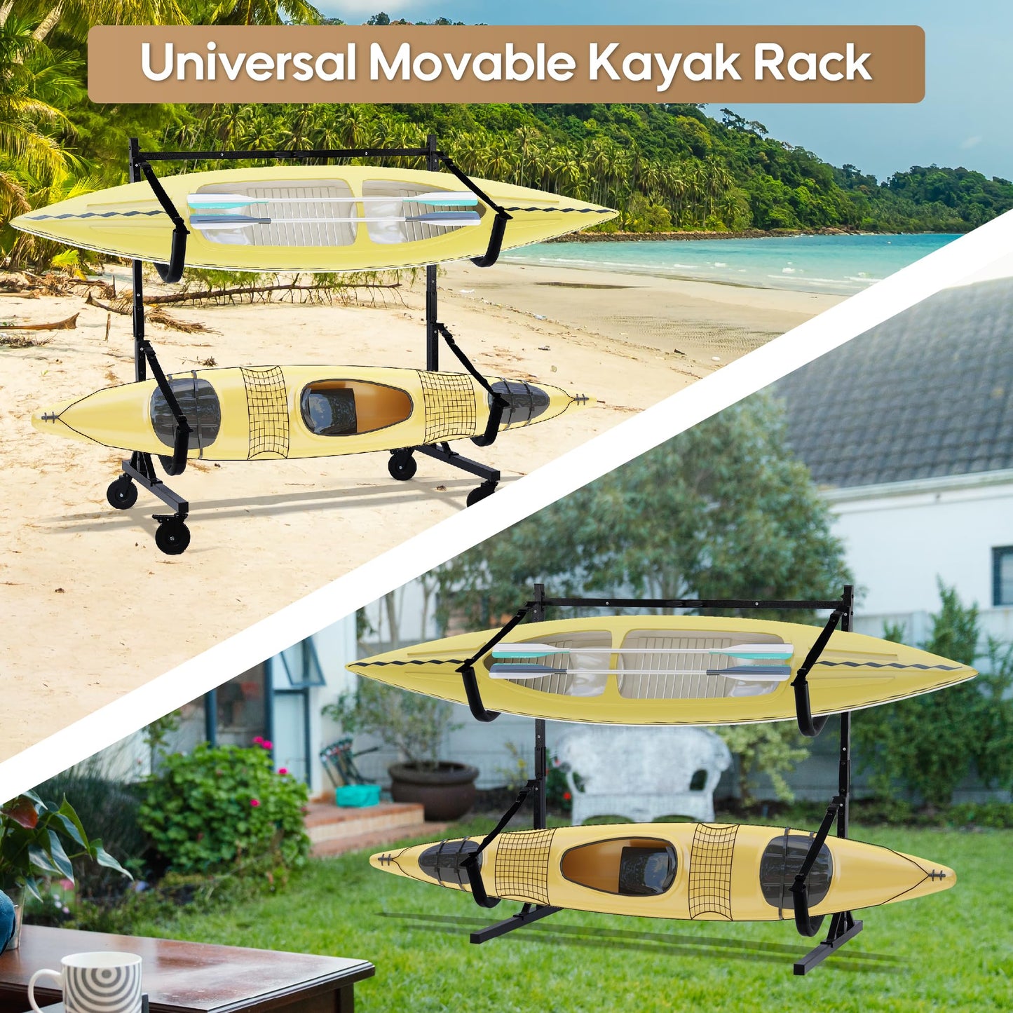 Heavy-Duty Kayak Storage Rack,Kayak Rack with Adjustable Width,5" Larger Wheels,Scratch-resistant Sleeves and Secure Straps –Holds Up to 300 lbs.Kayak Stand Adjustable for 2 or 4 Kayaks (2 Kayaks)