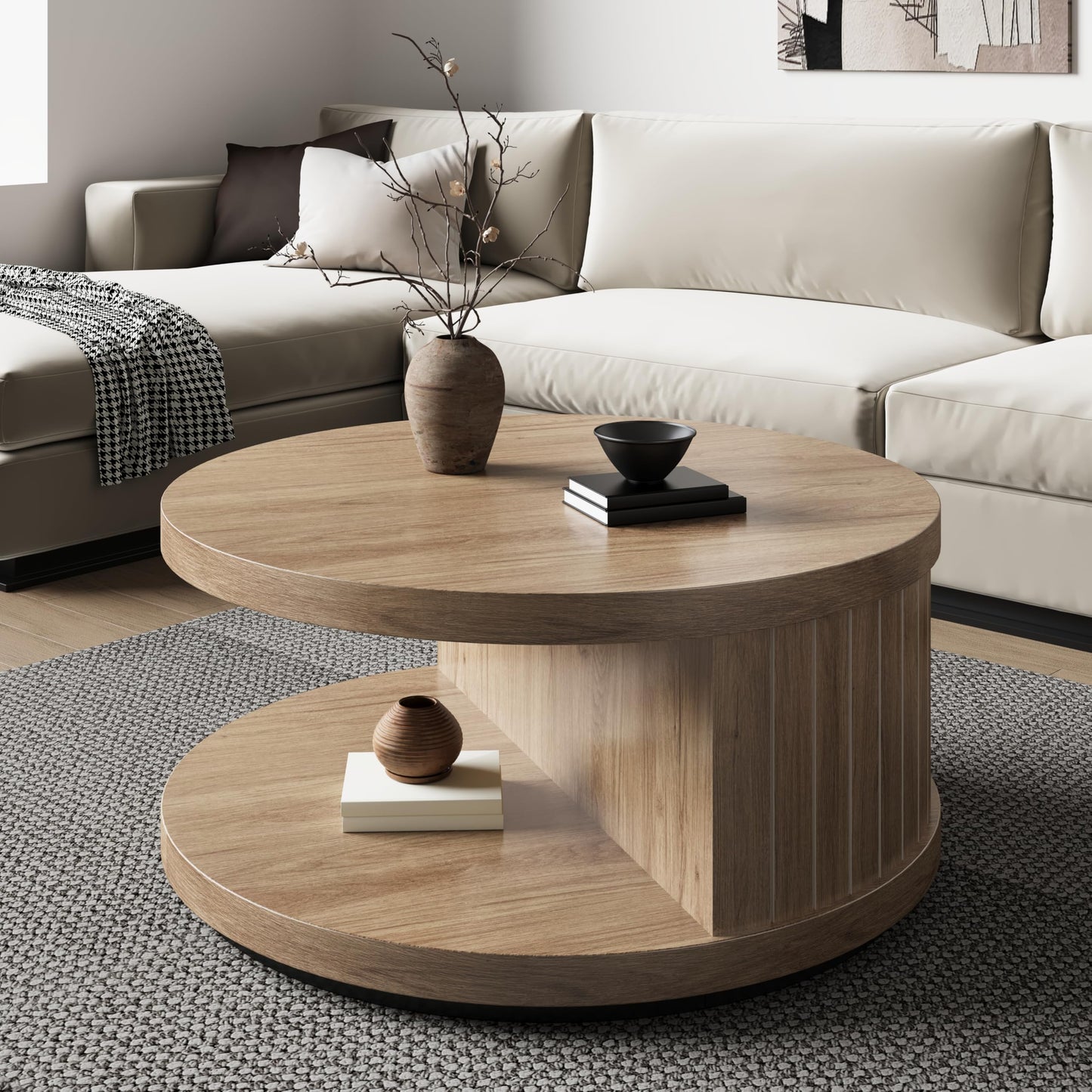 31-Inch Round Wood Center Tea Tables with Shelf for Living Room, 2-Tier Fluted Coffee Table with Circle Wooden Tabletop and Open Shelves for Home Apartment Small Spaces, Natural Oak