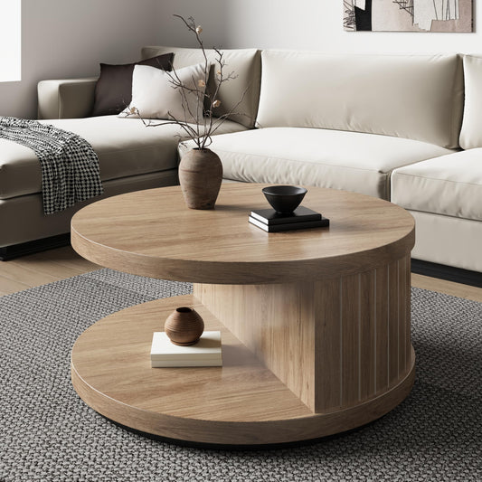 31-Inch Round Wood Center Tea Tables with Shelf for Living Room, 2-Tier Fluted Coffee Table with Circle Wooden Tabletop and Open Shelves for Home Apartment Small Spaces, Natural Oak