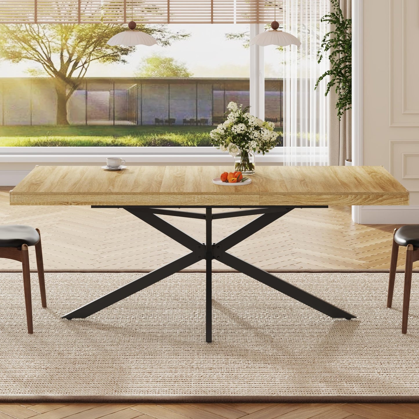 59In-78Inch Extendable Rectangular Dining Table for 6 8 People, Wood Long Dining Room Table W/Removable Leaves,Space Saving,Modern Dinner Table W/Waterproof Tabletop&Metal Legs for Kitchen Living Room