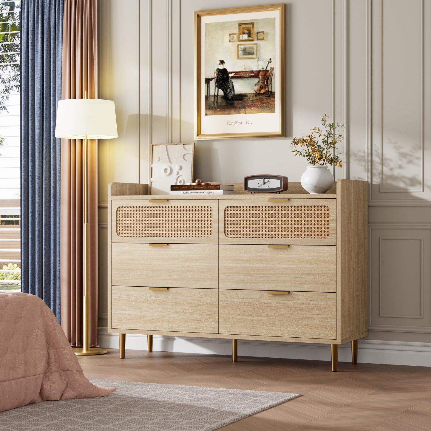 6 Drawer Double Dresser for Bedroom, 47" Wide Modern Chest of Drawers, Wooden Storage Rattan Dresser for Bedroom Living Room Hallway, Oak
