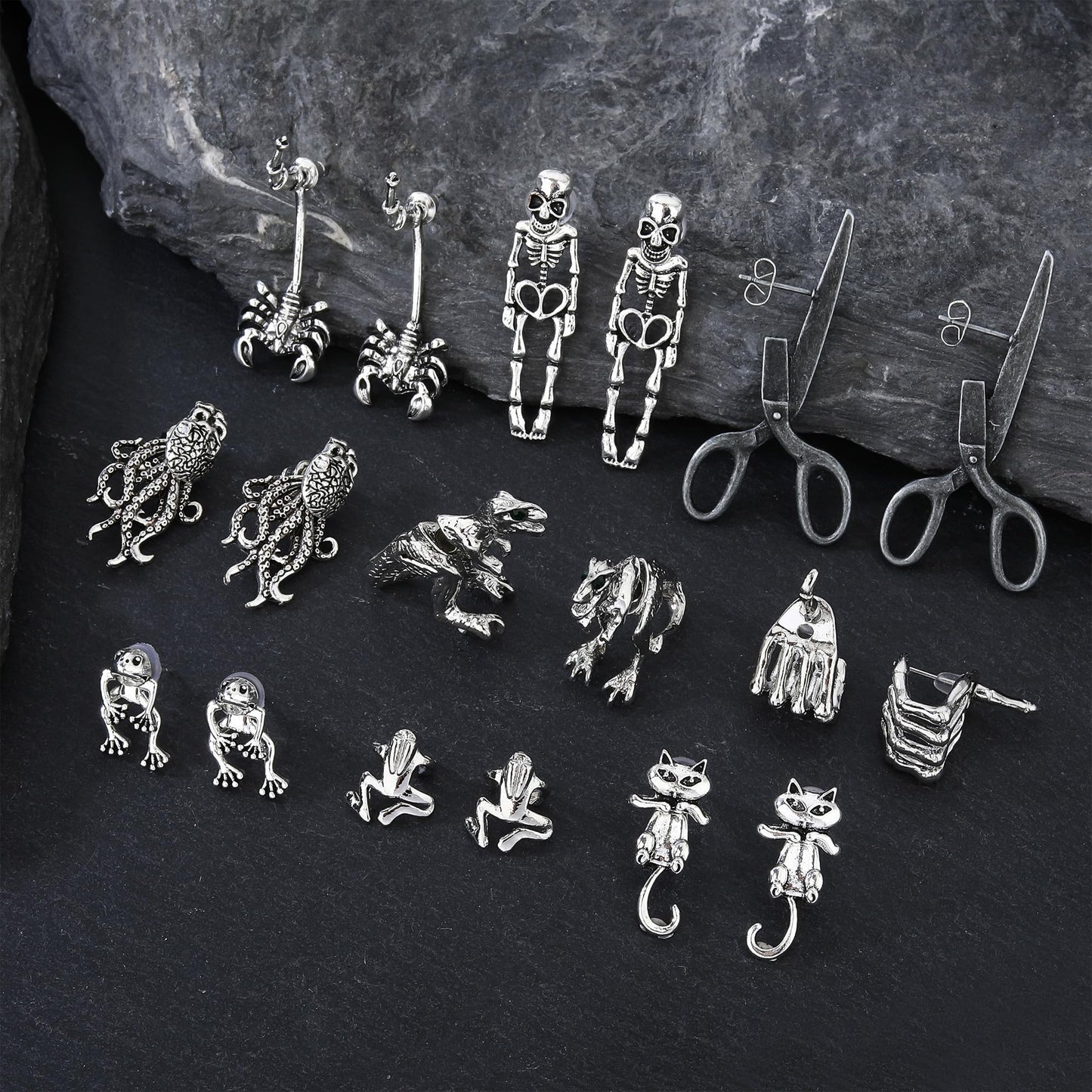9 Pairs Gothic Skeleton Octopus Frog Unique Earrings for Women Men Vintage Dangle Earrings Scary Funny Statement Costumes Jewelry Human Skull Funny Jewelry (9 Pairs)