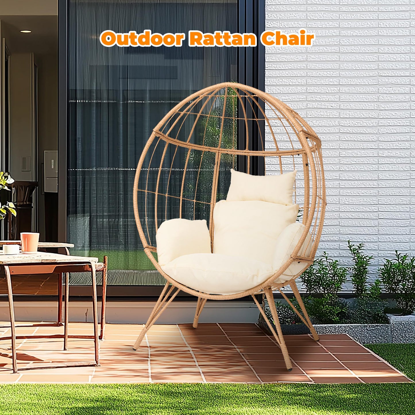 Wicker Egg Chair with Cushion,Outdoor Rattan Egg Basket Chair 350lbs Capacity Oversized Patio Lounge Chair for Living Room,Backyard,Balcony,Beige