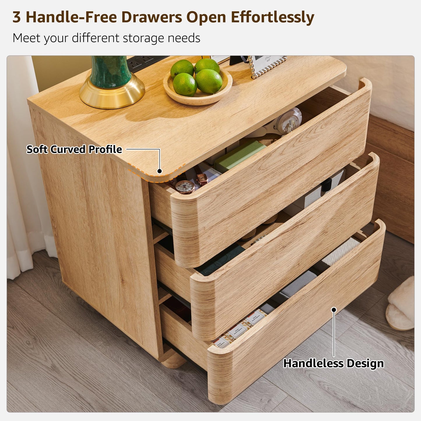ACCOHOHO 22" Modern Nightstand with Charging Station, 3 Push-to-Open Handleless Drawers Bedside Table, Large End Table with Storage, Night Stand for Bedroom, Living Room, Curved Profile, Natural Oak