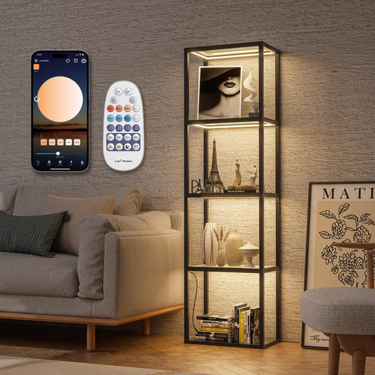 66" Luxury 4-Side Lighted Dimmable LED Glass Display Shelf, 4-Tier Curio Cabinet with Remote/APP Control, Music Sync, Display Cases for Collectibles, Floor Lamp with Shelves for Home Bedroom Decor