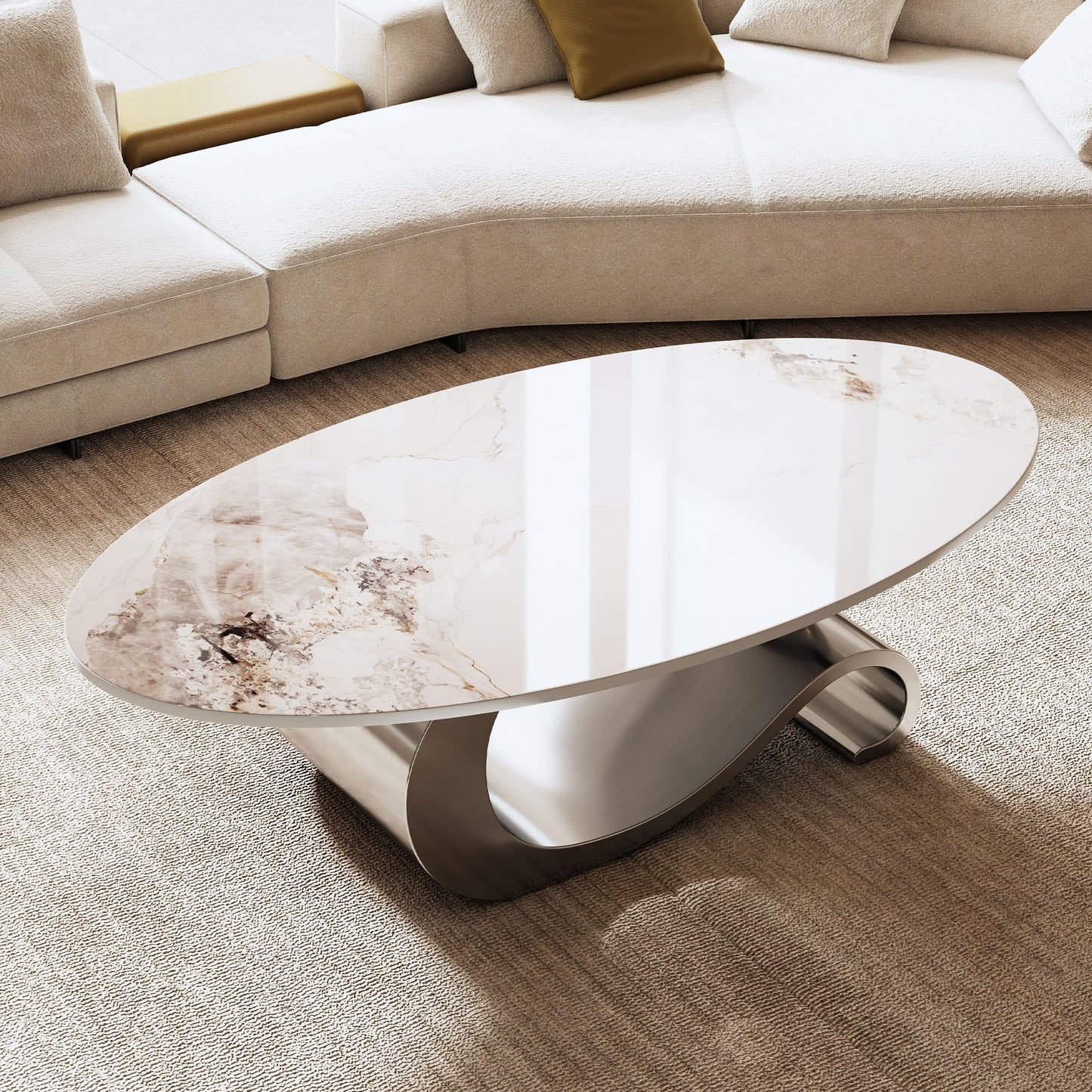 49.2" Oval Coffee Table Modern White Faux Marble Coffee Tables for Living Room Luxury Center Table Accent Cocktail Tea Table with Silver Geometric Stainless Steel Base for Home Office