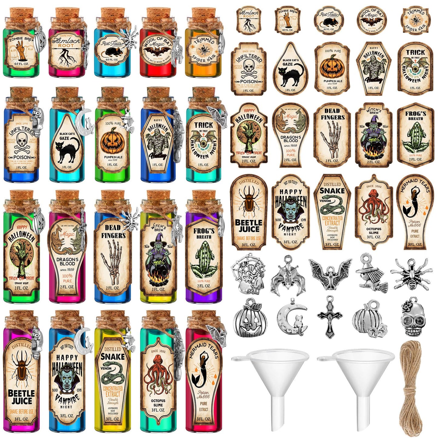 Yaomiao 124 Pcs Halloween Magic Potions Kit Halloween Party Decorations Creative Gift Apothecary Bottles Decorations with Labels Stickers Charms Pendants Ropes and Funnels for Indoor Party Supplies