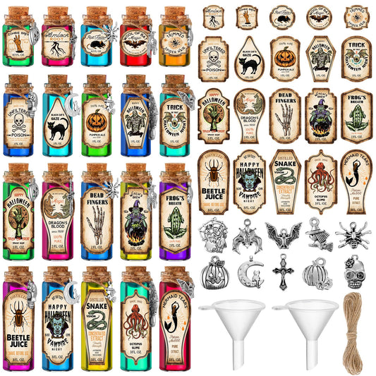 Yaomiao 124 Pcs Halloween Magic Potions Kit Halloween Party Decorations Creative Gift Apothecary Bottles Decorations with Labels Stickers Charms Pendants Ropes and Funnels for Indoor Party Supplies