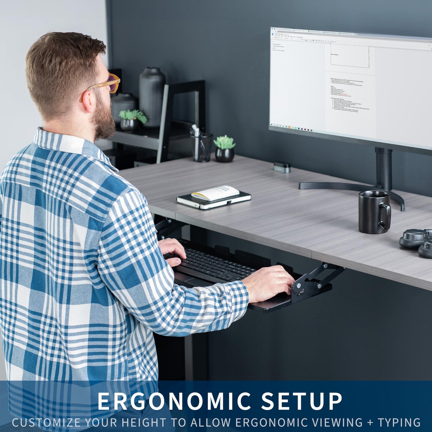 VIVO Large Under Desk 27 x 11 inch Computer Keyboard and Mouse Tray with Swinging Height Adjustment, 12 Settings, Platform Drawer for Typing, Black, MOUNT-KB08S