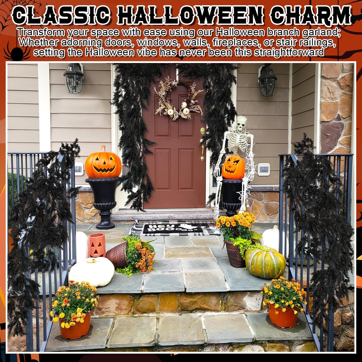 XunYee Black Halloween Garland 6 Feet Cedar Garland Artificial Faux Trailing Realistic Summer Halloween Hanging Vine Twigs for Thanksgiving Party Mantel Fireplace Wedding Outdoor Indoor Home Decor