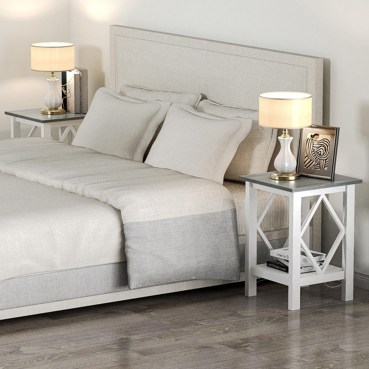 3imothrix Farmhouse End Table Set of 2, Small Side Table with Charging Station, Nightstand Bedside Table with Storage Shelf, USB Ports and Outlets for Small Space Living Room Bedroom