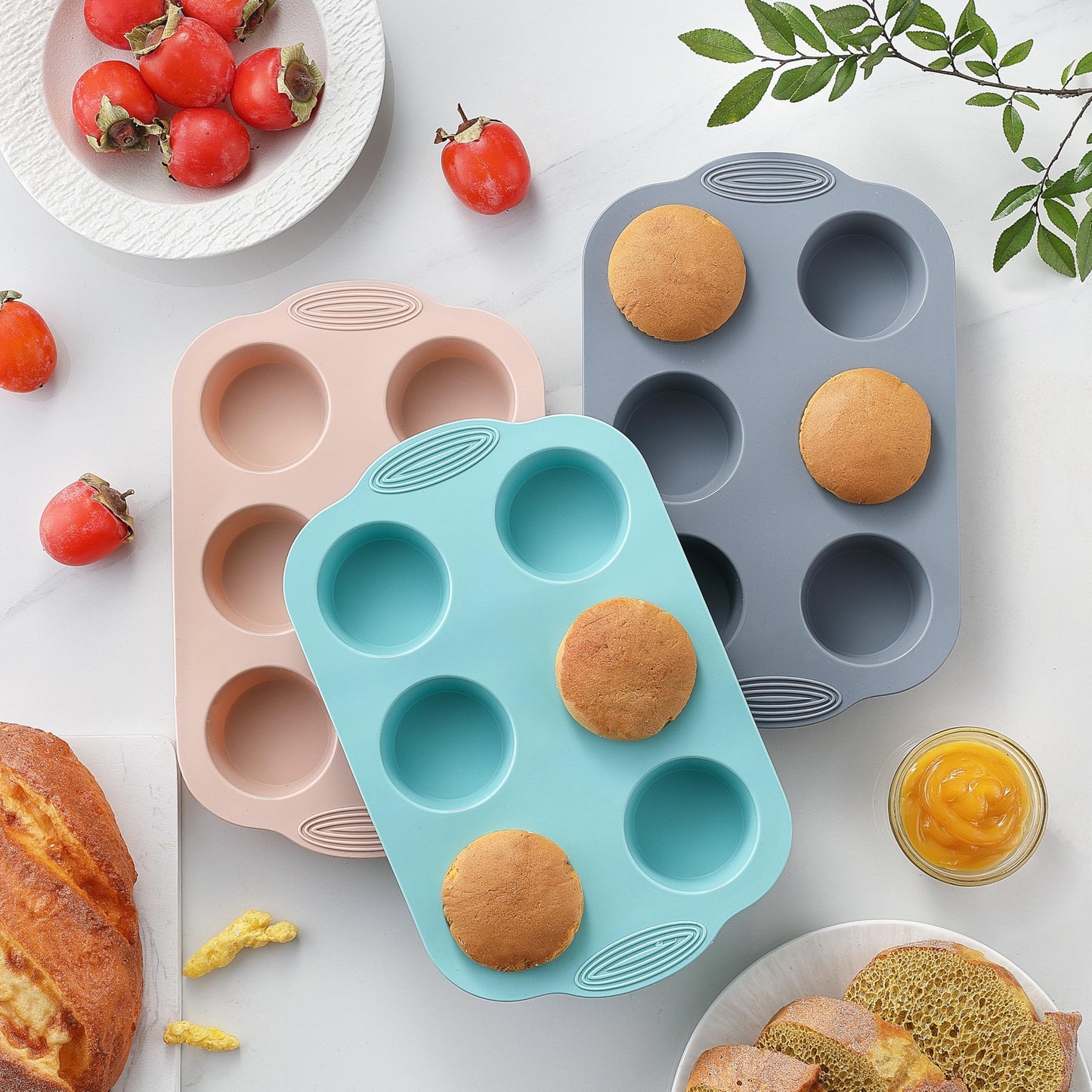 XZZWLL Silicone Muffin Pan, Food Grade Silicone Cupcake Molds for Baking Muffins and Cupcakes, 6-Cup Nonstick Cupcake Pan, Easy Cleaning and BPA-Free (Gray, Orange, Blue)