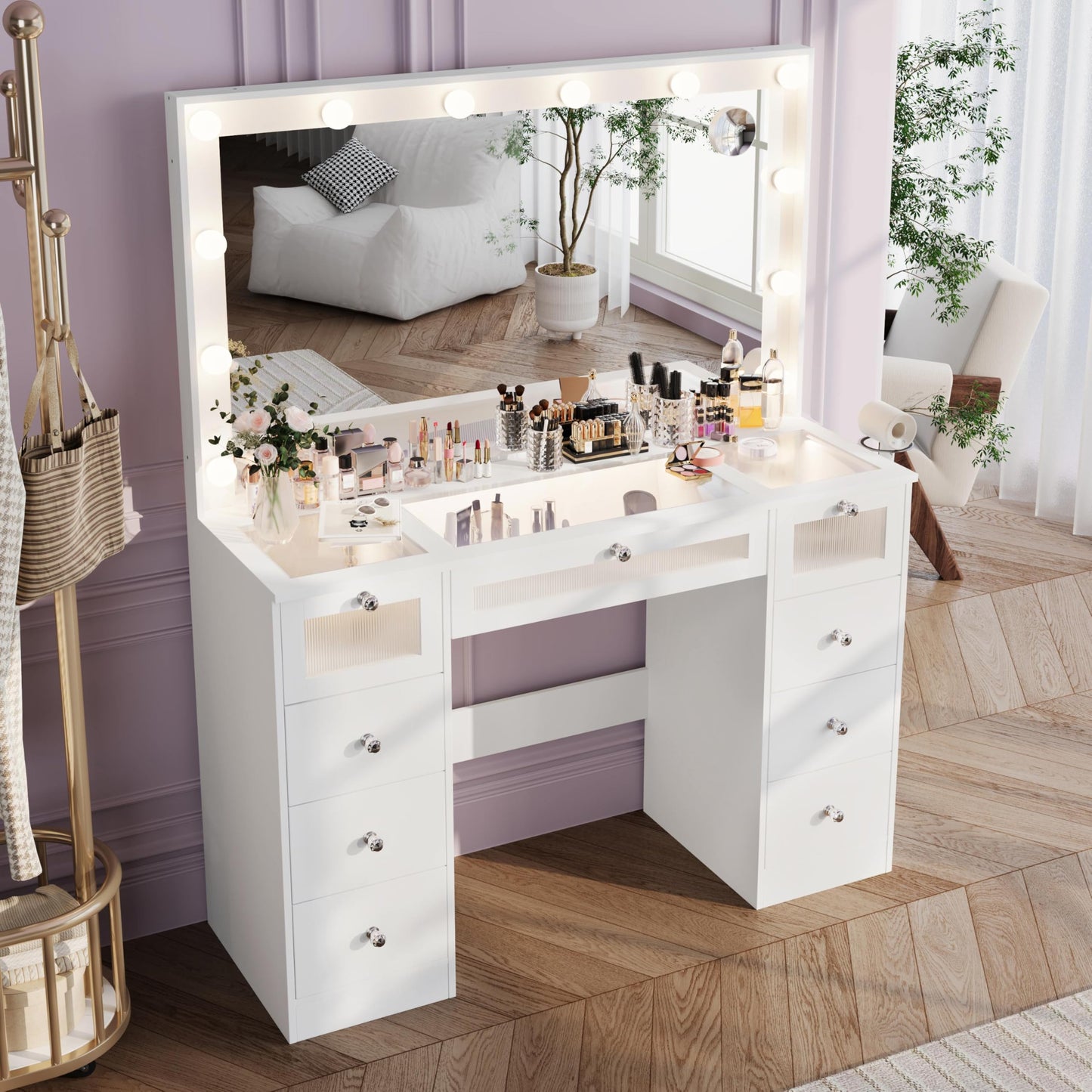 9 Drawers Makeup Vanity Desk with 36.9" Oversized Mirror and Lights, Vanity with Tempered Glass Top, Girls Make up Dressing Table with Power Outlet & 3 LED Lighted Acrylic Drawers Bedroom, White