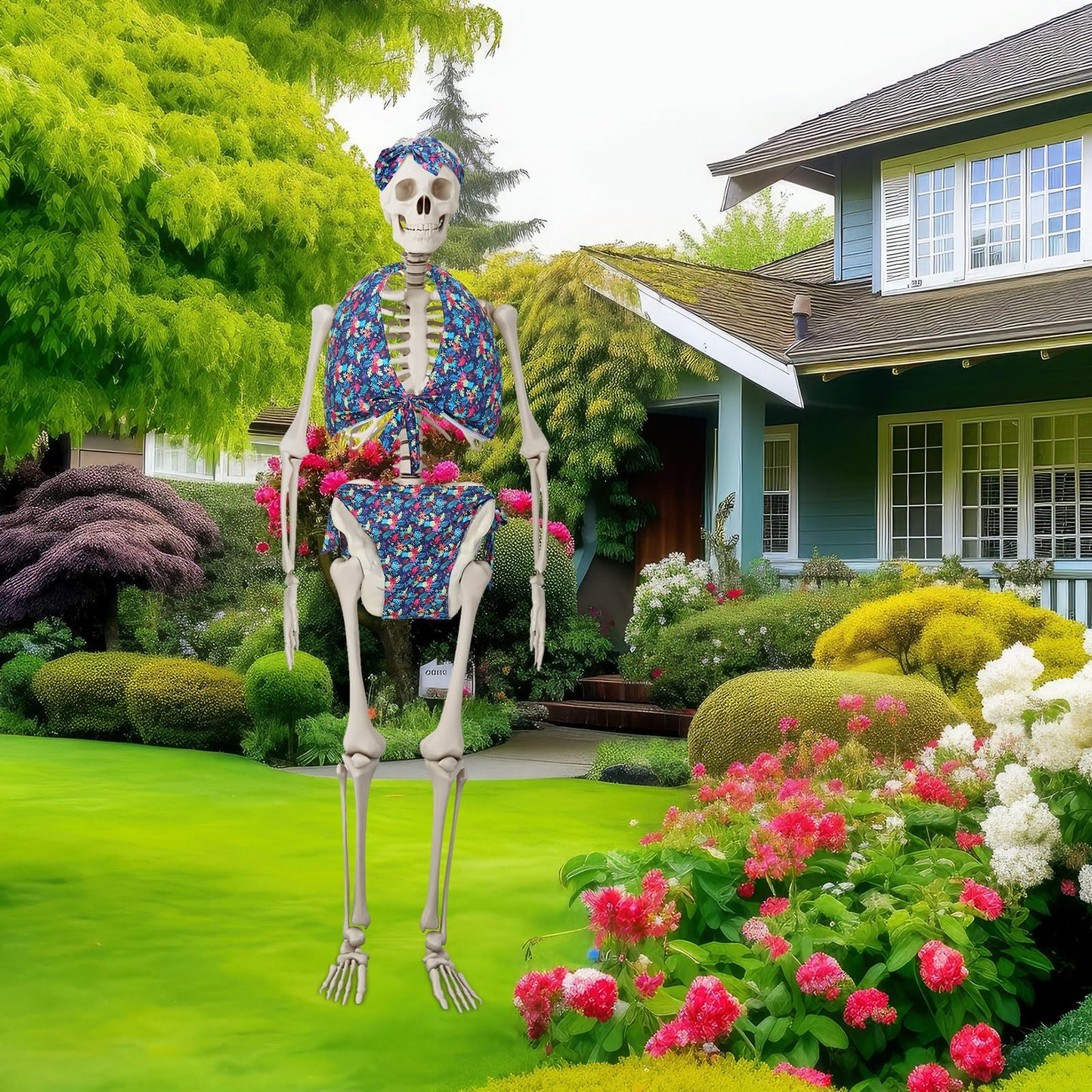 3 Pcs Hawaii 12 ft Giant Skeleton Costume Accessories Set Sexy Bikini Swimsuit and Bow Hairband Palm Leaves and Flamingo Skeleton Costumes for Summer Luau Party Garden Lawn Outdoor Decor