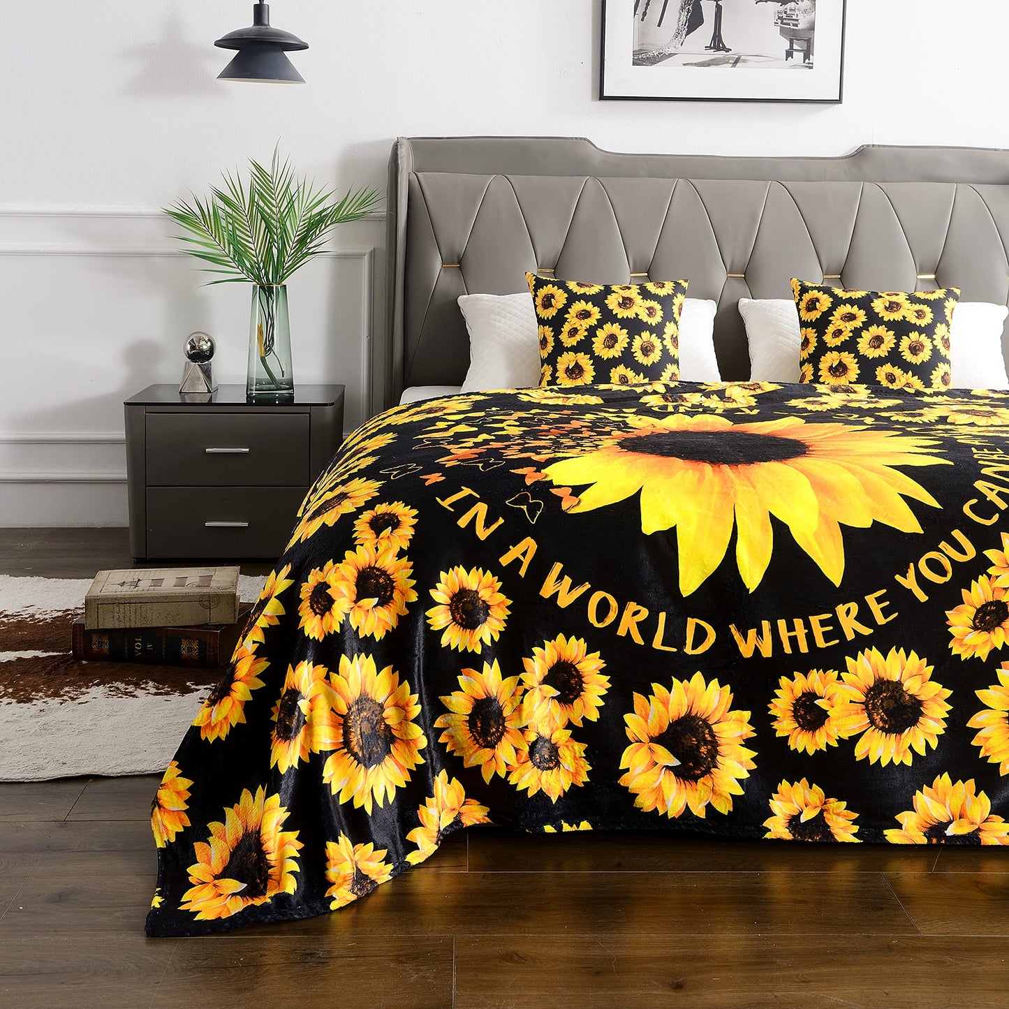 WIBUE Sunflower Throw Blanket 60"x50" with 2 Pcs Pillow Covers 18"x18", Decor Fleece Blanket for Women Men, Fuzzy Soft Cozy Warm Plush Gifts Blankets for Bed Sofa Couch Chair Living Room Bedroom