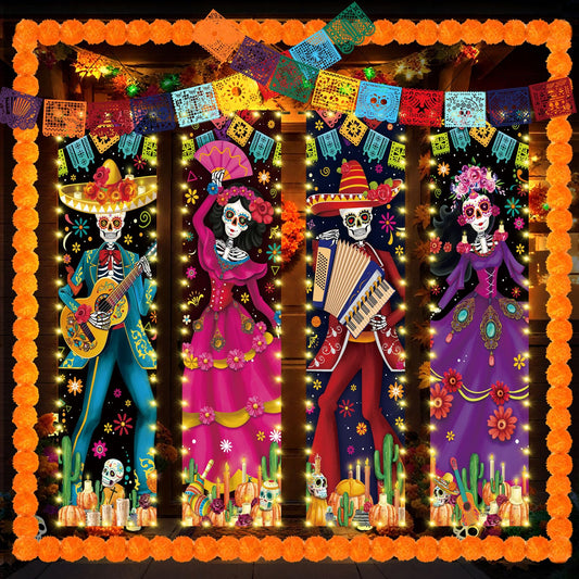 VitalCozy 10 Pcs Day of The Dead Decorations Dia De Los Muertos Porch Sign Banners with LED Lights Halloween Sugar Skull Decor Mexico Dia De Los Muertos Altar Backdrop Papel Picado Marigold Garland