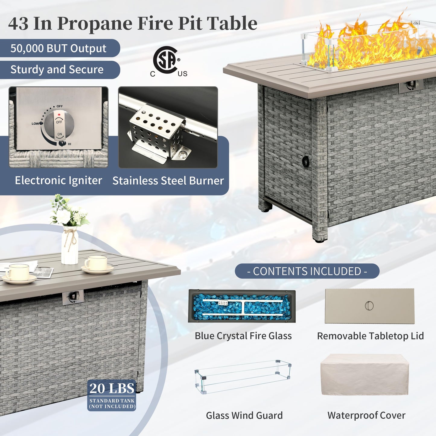 WAROOM Patio Furniture Set 5 Piece Grey Wicker Outdoor Furniture with Fire Pit Table, Patio Sectional Sofa Couch Sets Backyard Deep Seating PE Rattan Chairs, Navy Blue Cushion