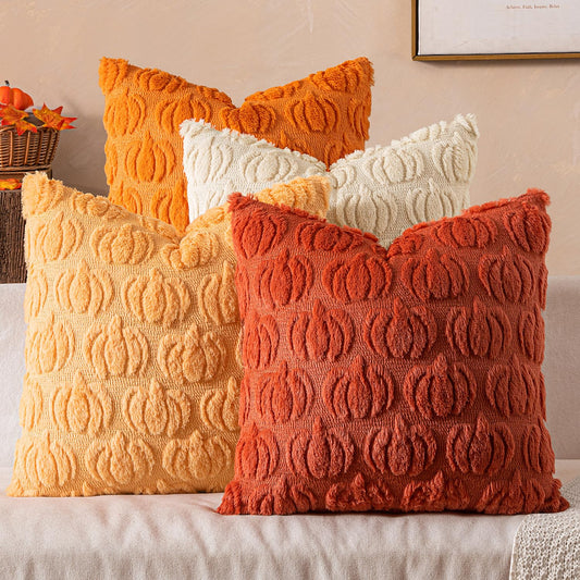 Woaboy Fall Pumpkin Pillow Covers Soft Cozy Plush 18x18 Inch Set of 4 Decorative Pillows Autumn Halloween Holiday Home Decor for Sofa Couch Porch Bed Living Room,Rust-Beige-2