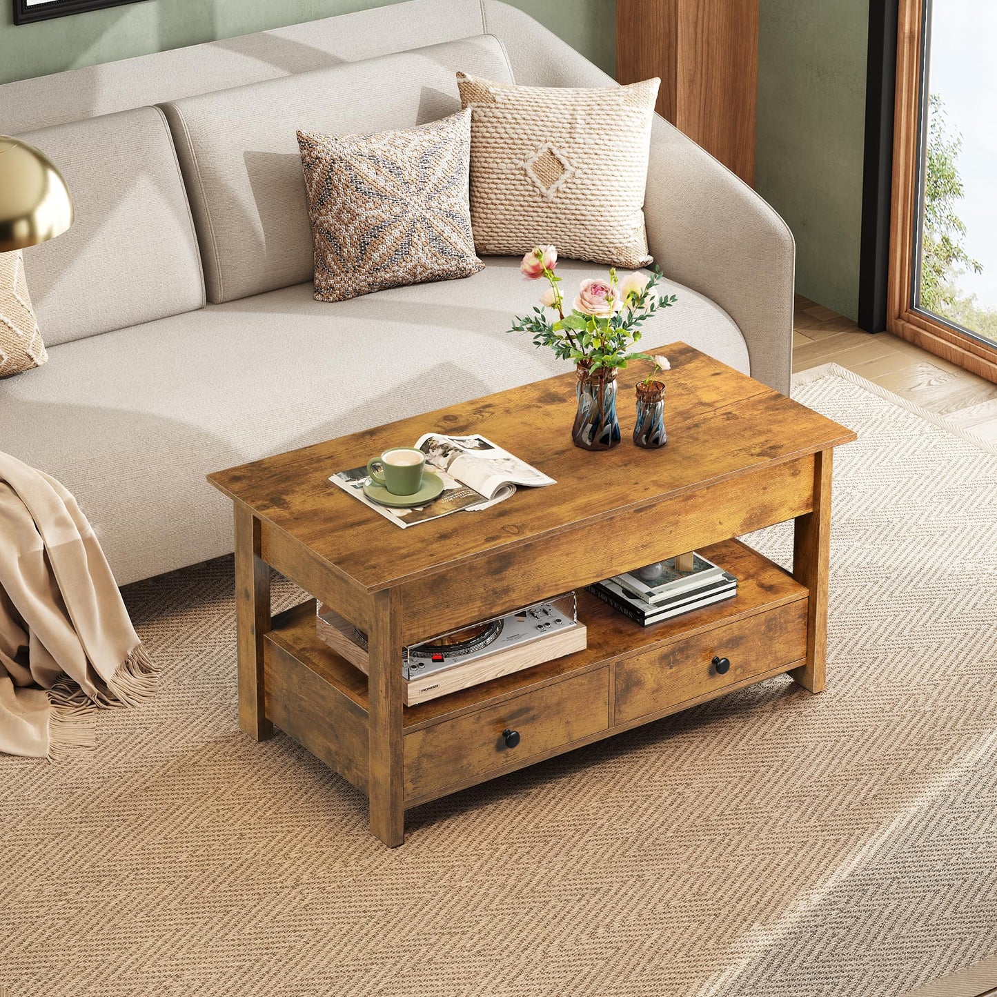 WLIVE Coffee Table, Lift Top Coffee Table with 2 Drawers, Large Hidden Hidden Compartment and Open Shelf, Lift Tabletop, Dining Table for Living Room, Rustic Brown
