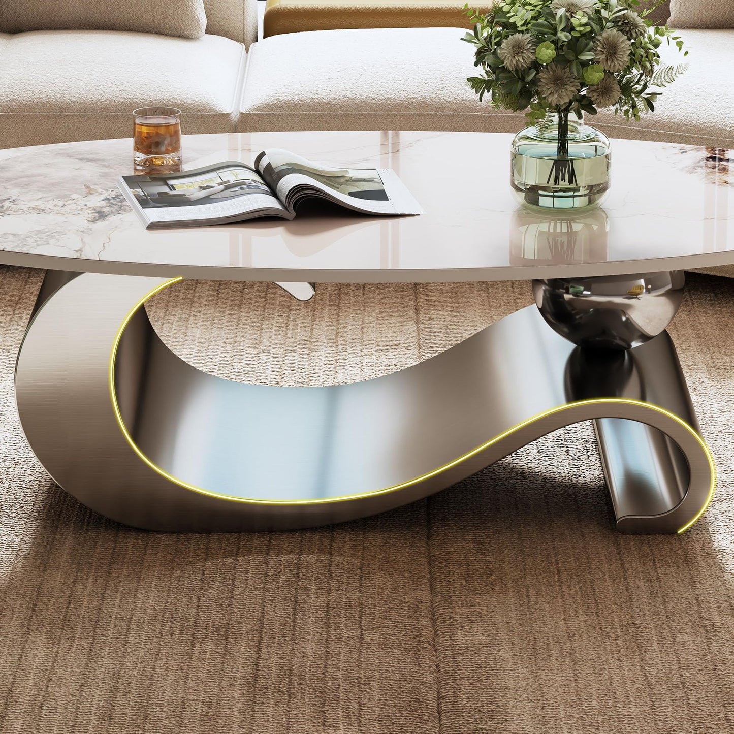 49.2" Oval Coffee Table Modern White Faux Marble Coffee Tables for Living Room Luxury Center Table Accent Cocktail Tea Table with Silver Geometric Stainless Steel Base for Home Office